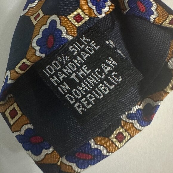 Fashion Neckwear Handmade Silk Necktie Gold Red White Blue Geometric Pattern Tie - Picture 3 of 7